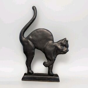 Vintage Black Cat Doorstop – Cast Iron Halloween Decor with Arch Back 12 inches